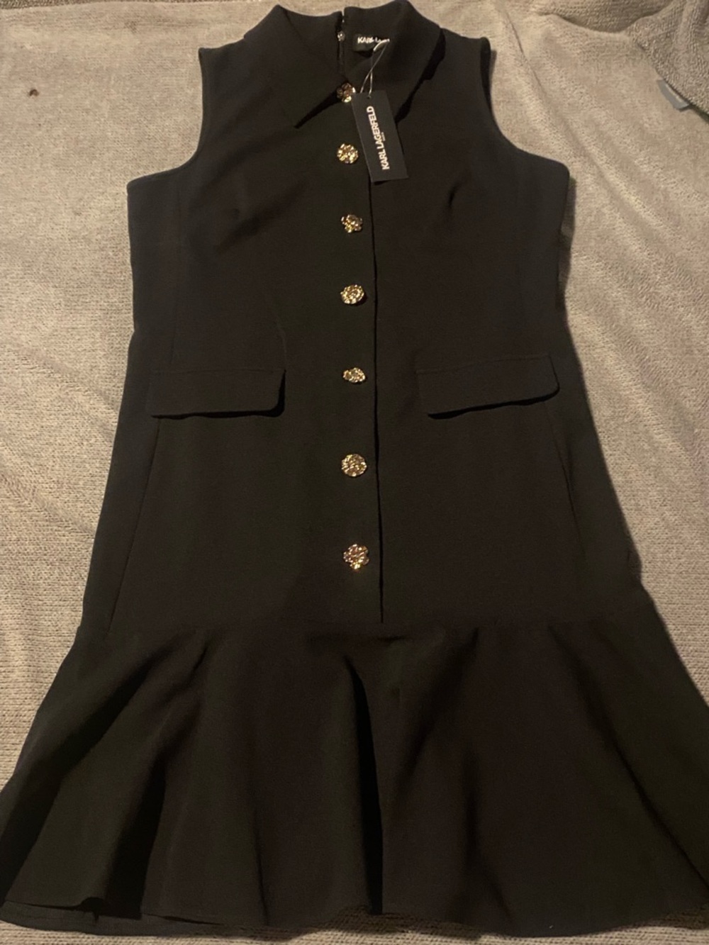 (NWT) KARL LAGERFELD- Black Sleeveless Button-Front Ruffle Hem Mini Dress 🖤 ✨ - Picture 11 of 16